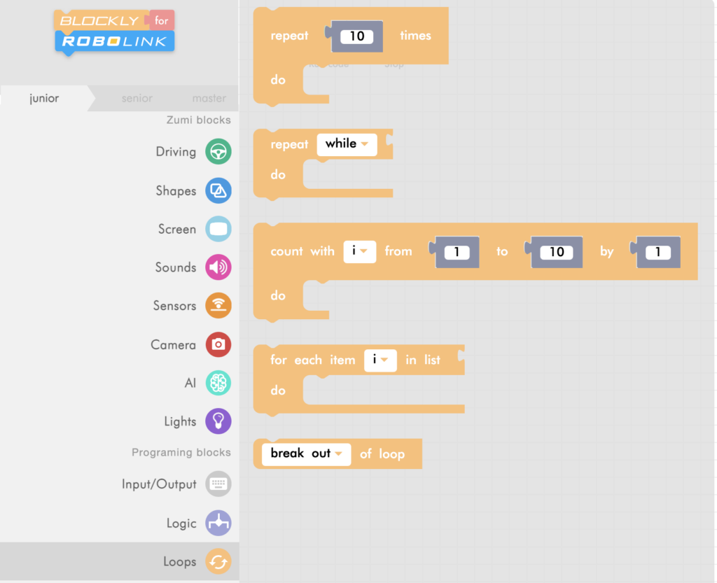zumi blockly loops menu