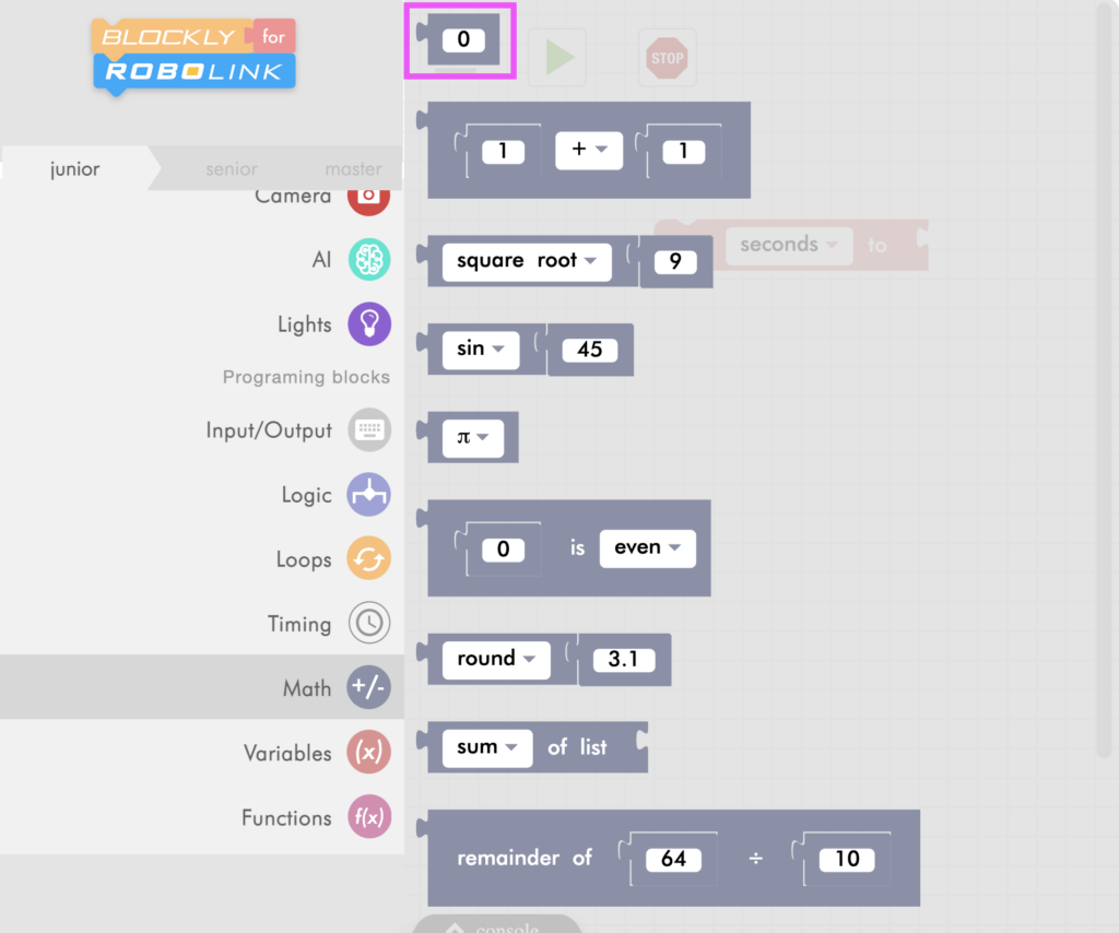 zumi blockly math menu