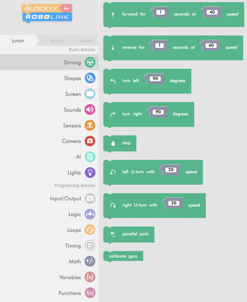 zumi blockly driving menu