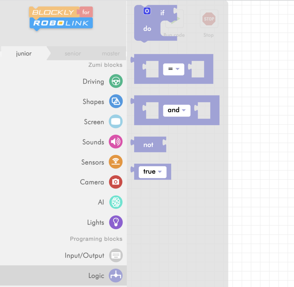 zumi blockly logic menu